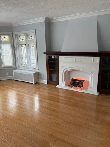 a view of empty room with wooden floor and fireplace