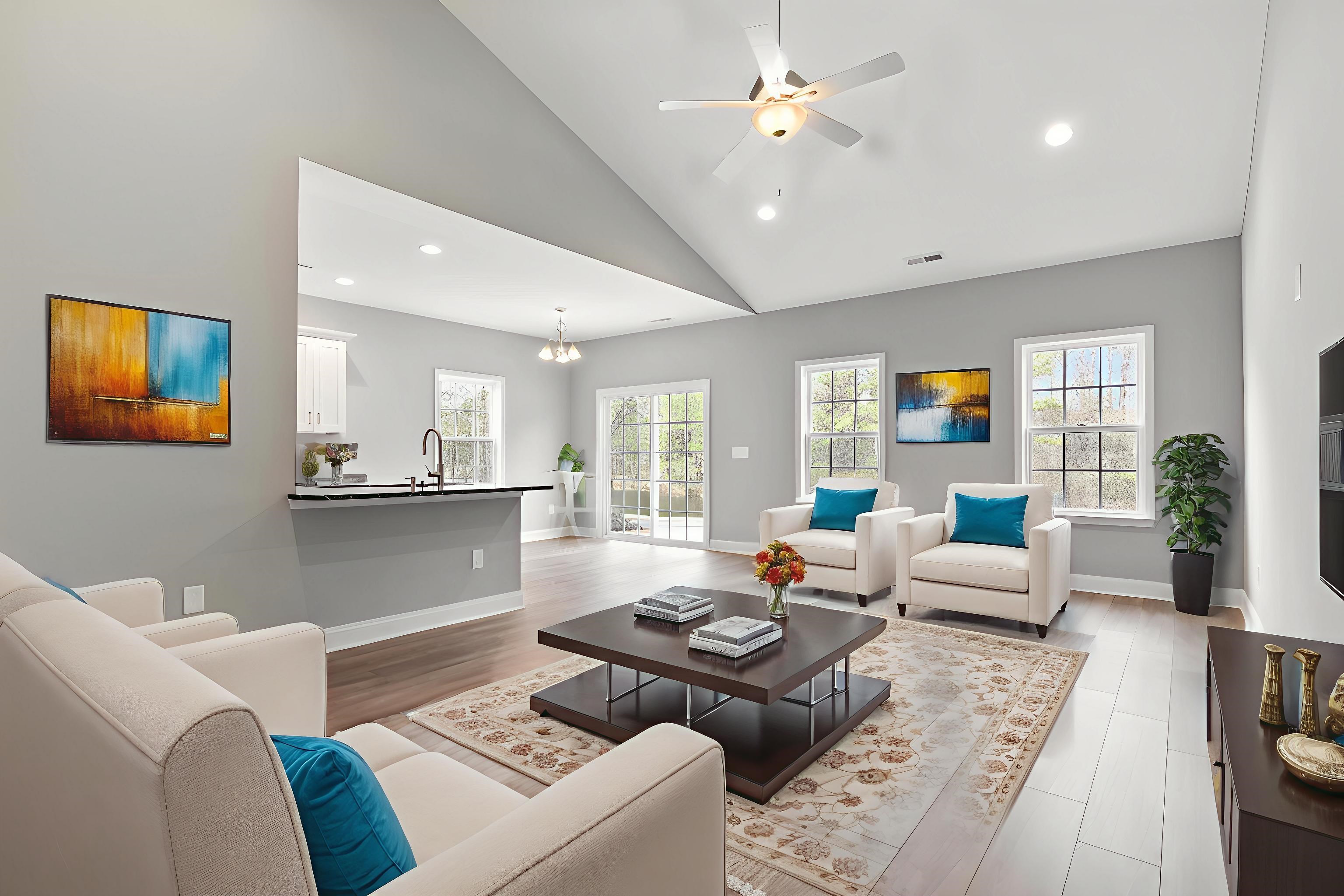 565 Timber Creek Drive Loris, SC 29569 - Photo 17 of 37 Living area featuring recessed lighting, high vaulted ceiling, a ceiling fan, a chandelier, and plenty of natural light