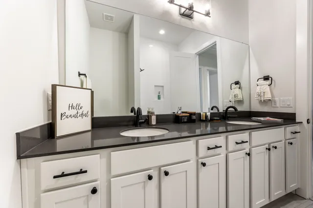 a bathroom with a sink and a mirror