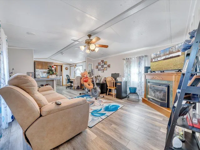 a living room with furniture a fireplace and a flat screen tv