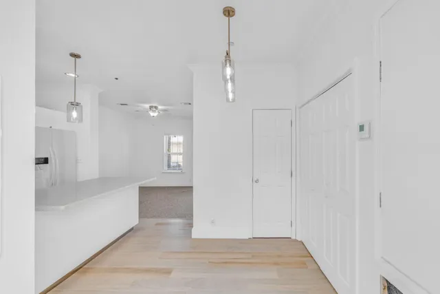 a view of a hallway with wooden floor