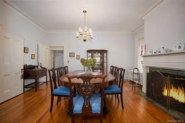a view of a dining room with furniture wooden floor and chandelier