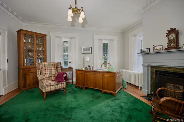 a living room with furniture and a fireplace