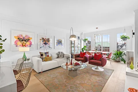 a living room with furniture or couch and a potted plant