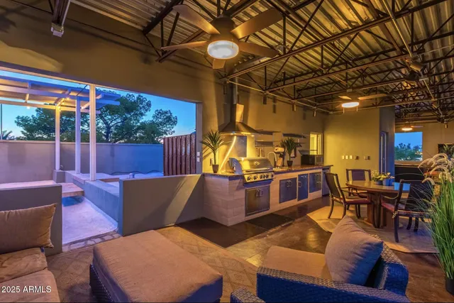 a building outdoor space with patio furniture