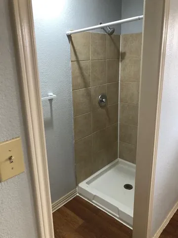 a bathroom with a shower and a sink