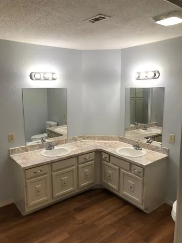 a bathroom with a double vanity sink and a mirror