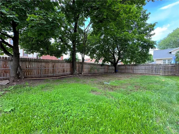 a view of backyard with wooden fence and a large tree