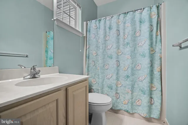 a bathroom with a sink a toilet and shower curtain