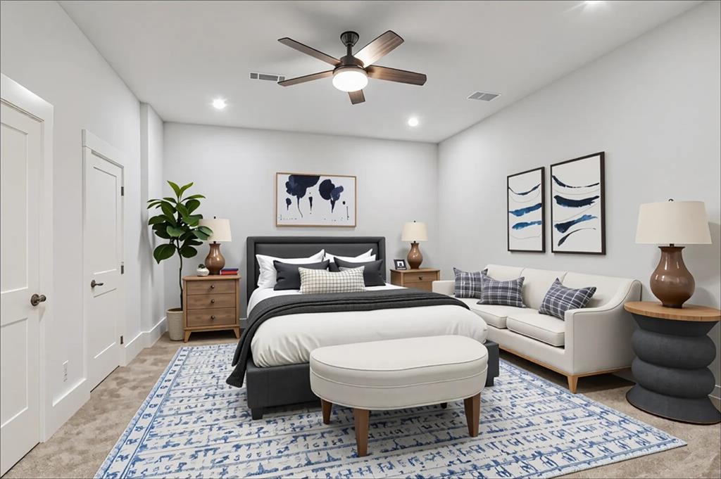 15448 Hopewell Road Milton, GA 30004 - Photo 84 of 125 a spacious bedroom with a bed a couch and a chandelier