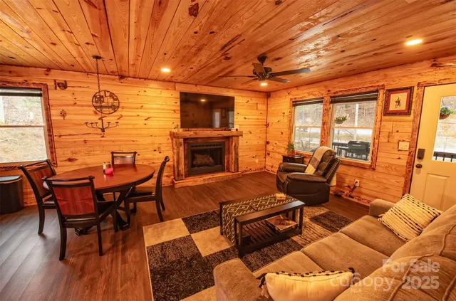 a outdoor space with patio furniture and a fireplace