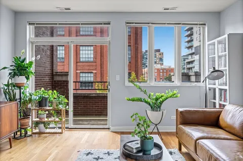 a living room with furniture and potted plant