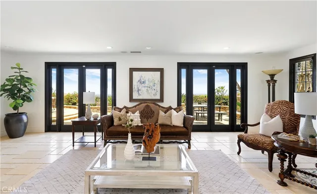 a living room with furniture a dining table and a potted plant