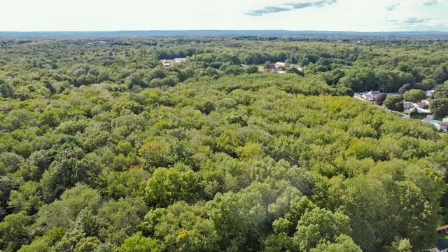an aerial view of residential houses with outdoor space and trees