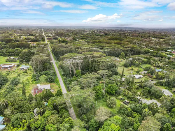 an aerial view of residential houses with outdoor space and trees