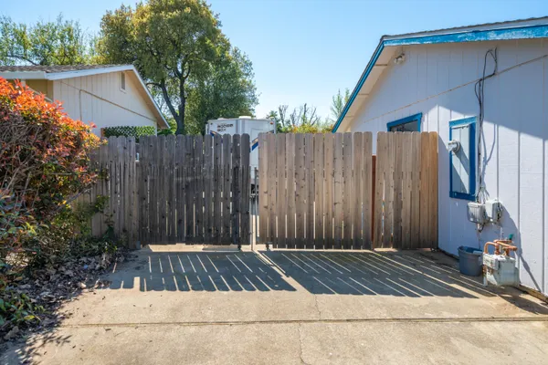 an aerial view of a house with a garden