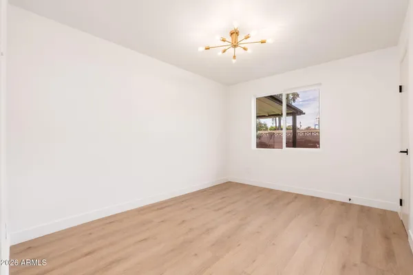 an empty room with a workspace