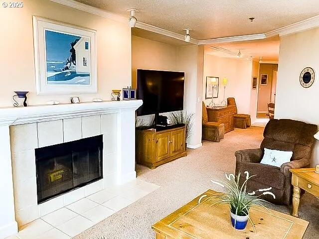 a view of living room with furniture and a fireplace