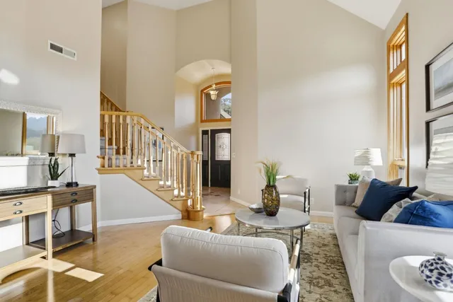 a living room with furniture fireplace and a potted plant