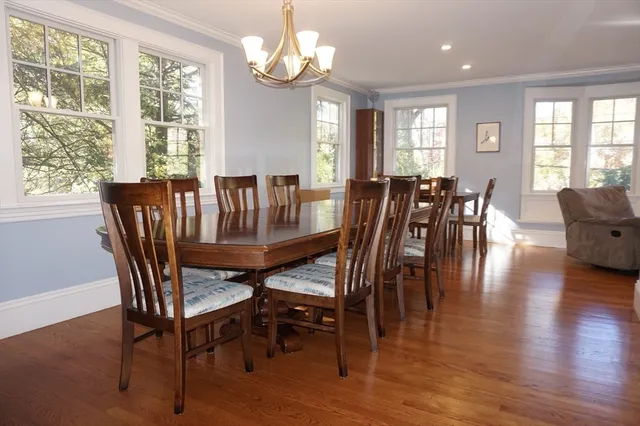 a view of a dining room with furniture window and wooden floor