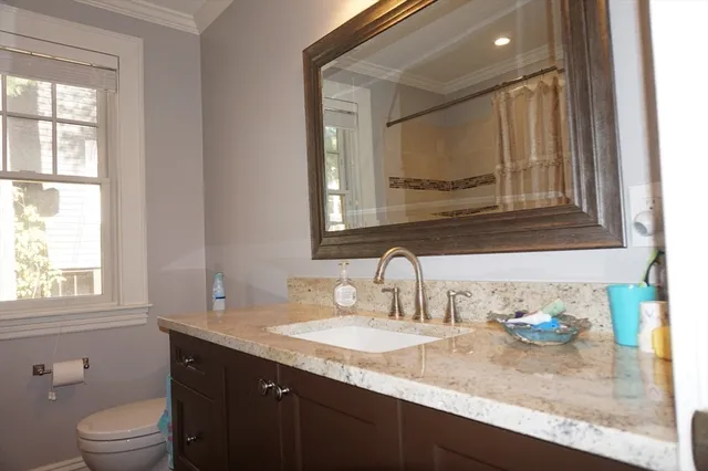 a bathroom with a granite countertop toilet sink and mirror