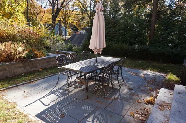 a view of a chairs and table in backyard