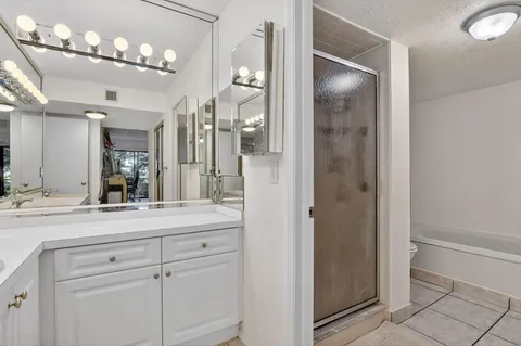 a bathroom with a sink shower and a mirror