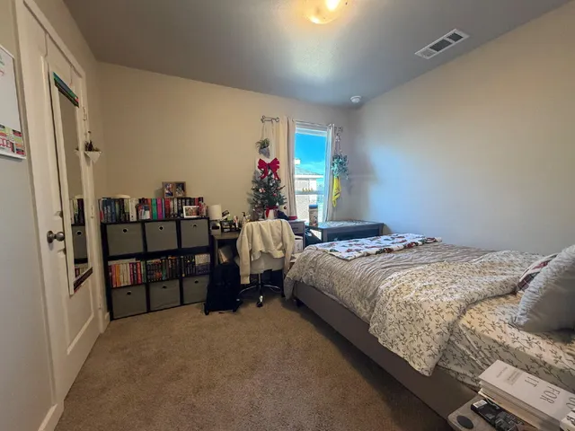 a bedroom with a bed and a window