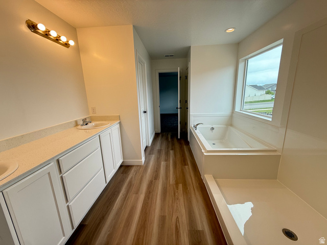 1513 South Deerbrook Road, Unit 256 Santaquin, UT 84655 - Photo 6 of 7 Bathroom featuring wood-finish flooring, a double vanity with light-toned countertops, an undermount sink, a built-in bathtub, and a separate shower stall