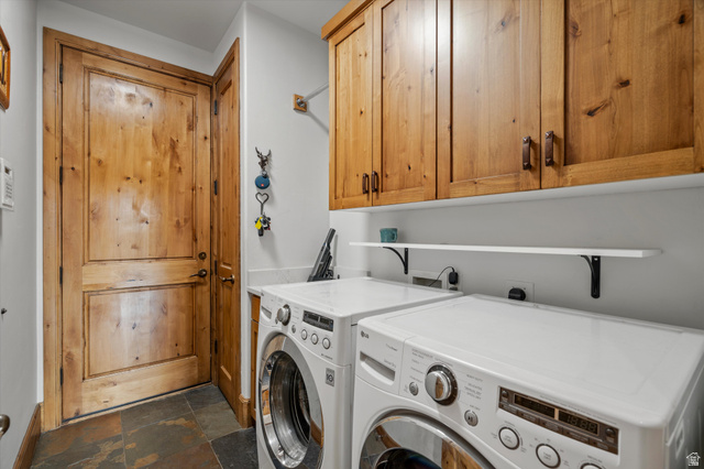 4892 Eagle Rdg Drive Eden, UT 84310 - Photo 17 of 39 Laundry area with slate tile flooring, wood-paneled door, and natural wood cabinetry