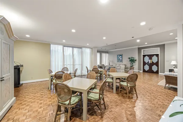 a view of a dining room with furniture