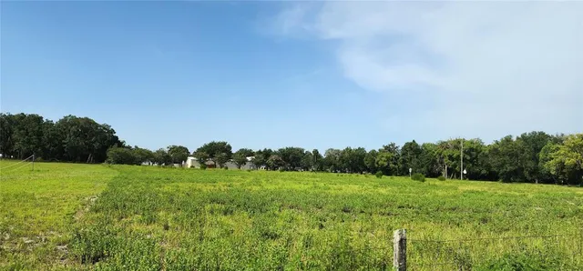 a view of a grassy field with trees in the background