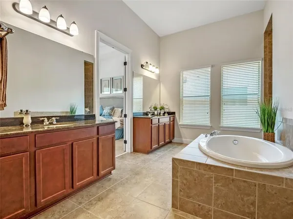 a bathroom with a tub sink and mirror