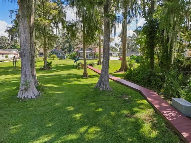 a view of a backyard with large trees