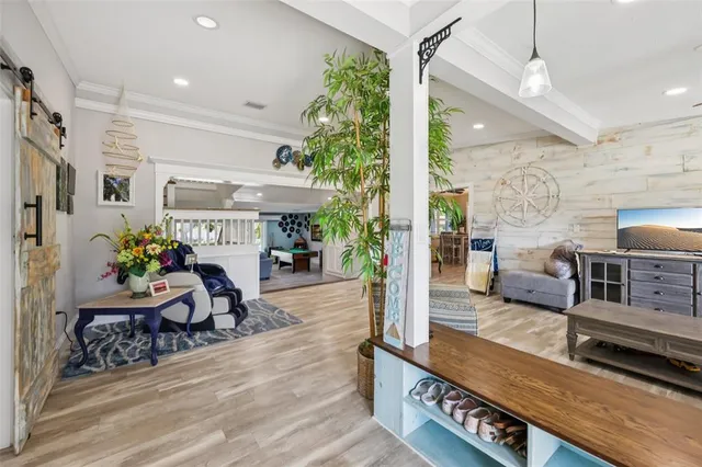 a living room with furniture and a potted plant