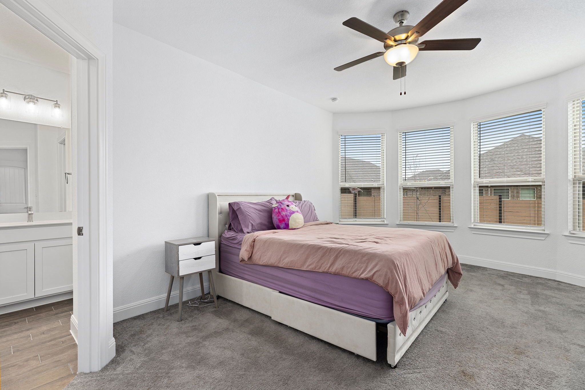 116 Raleigh Drive Georgetown, TX 78633 - Photo 11 of 28 A well-lit primary bedroom features soft carpeting, bay windows, and a ceiling fan.