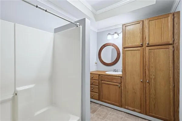 a bathroom with a sink a mirror and a shower