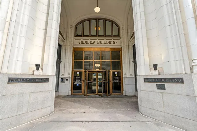 a city view with tall buildings