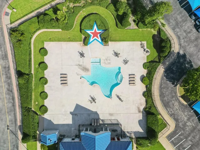 an aerial view of a swimming pool