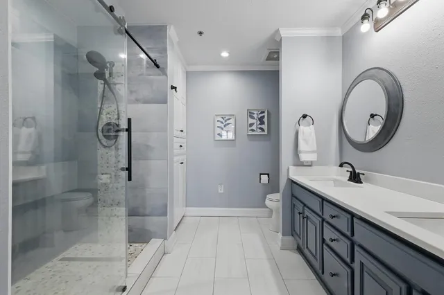 a bathroom with a double vanity sink a toilet a mirror and shower