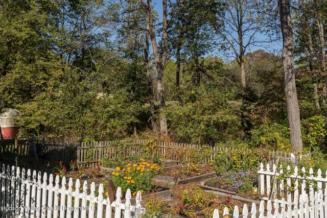 a yard with trees in front of it