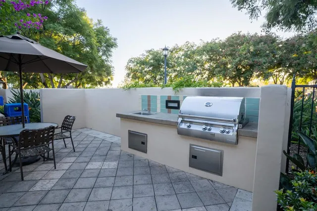 an outdoor space with furniture