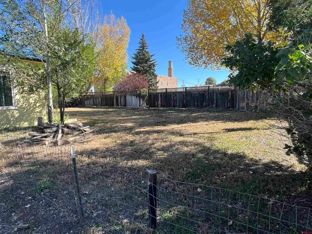 a view of a backyard with large trees
