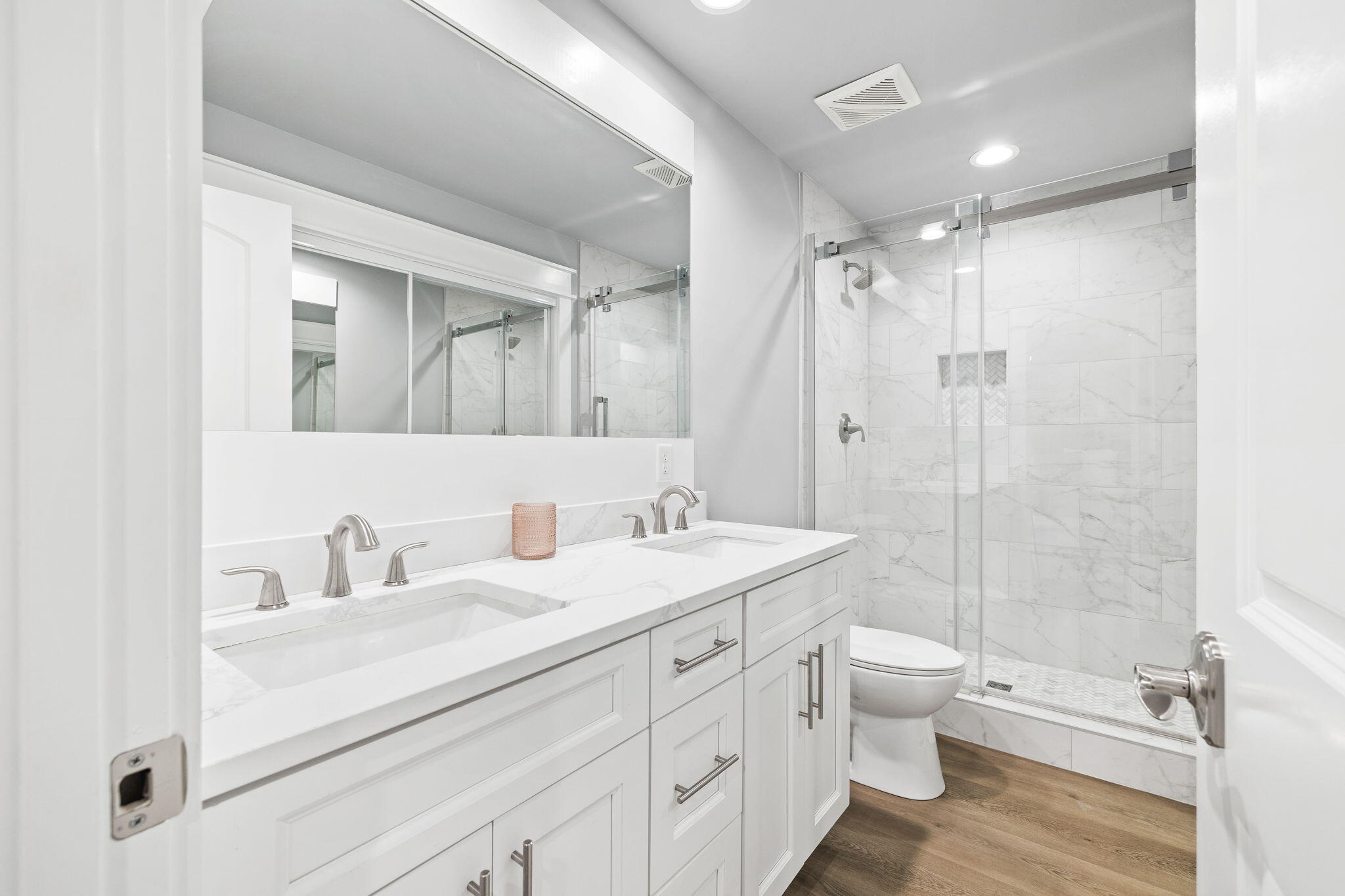 135 Redbud Ln Inlet Beach Inlet Beach, FL 32461 - Photo 49 of 66 a bathroom with a double vanity sink toilet mirror and shower