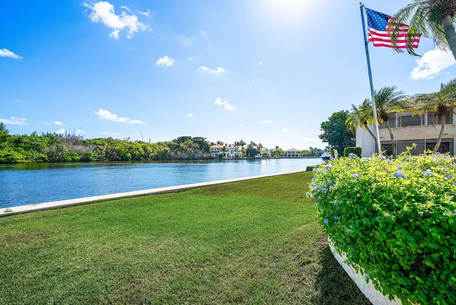 a view of a lake with a big yard and potted plants
