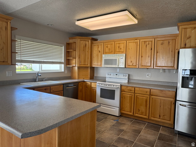 88 Canterbury Lane Logan, UT 84321 - Photo 5 of 37 Kitchen featuring wood cabinetry, a stainless steel refrigerator, a white electric range, a white built-in microwave, and a double basin sink