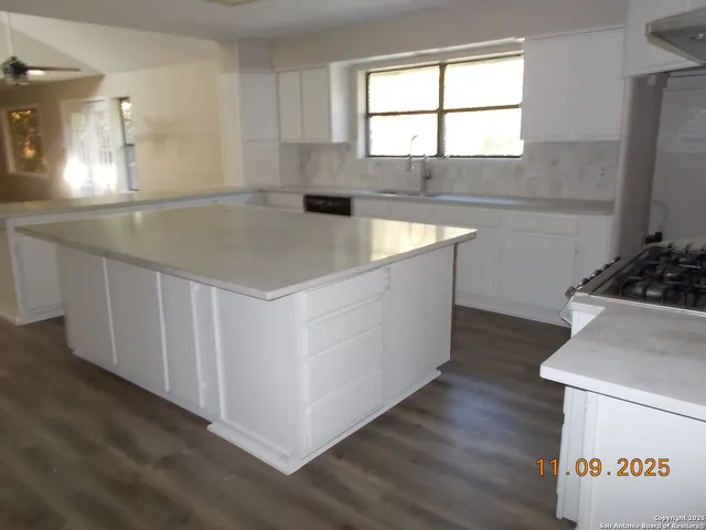 a kitchen with a sink cabinets and wooden floor