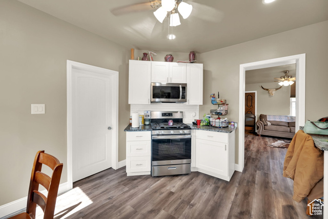 1632 South Main Street Springville, UT 84663 - Photo 3 of 93 Kitchen featuring a ceiling fan, stainless steel appliances, and dark wood finished floors