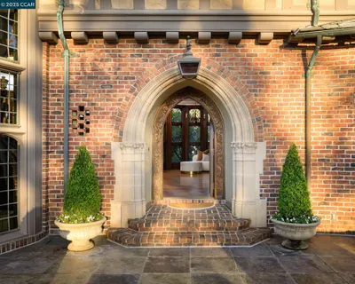 a living room with furniture fireplace and potted plants