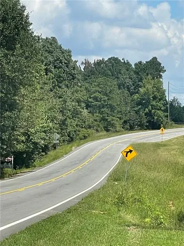a view of a swimming pool with a yard and large trees